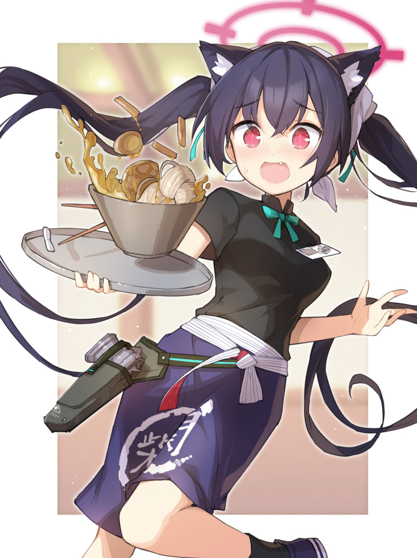 1girl animal_ear_fluff animal_ears apron bamboo_shoot bandana black_hair black_shirt black_socks blue_apron blue_archive blue_footwear border bow bowl bowtie cat_ears chopsticks egg_(food) fang food green_bow green_bowtie gun hair_ribbon halo handgun highres holding holding_tray holster holstered id_card long_hair mandarin_collar miya_kazutomo noodles open_mouth outside_border pork ramen red_eyes ribbon serika_(blue_archive) shirt shoes short_sleeves slit_pupils sneakers socks solo spilling sweatdrop tray twintails very_long_hair waist_apron waitress weapon white_bandana white_border