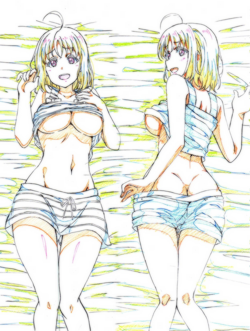1girl ahoge ass breasts collarbone color_trace commentary dakimakura_(medium) from_behind highres kotokoto_(jumon) large_breasts looking_at_viewer love_live! love_live!_sunshine!! lying multiple_views navel on_back on_bed short_hair short_shorts shorts sleeveless smile takami_chika underboob