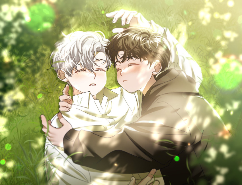 2boys aged_down blgoyo brown_hair brown_hoodie closed_eyes closed_mouth collared_shirt grass highres hood hoodie hug ilay_riegrow jeong_taeui male_focus multiple_boys on_grass outdoors parted_lips passion_(manhwa) shirt sleeping tree_shade upper_body white_hair white_shirt yaoi