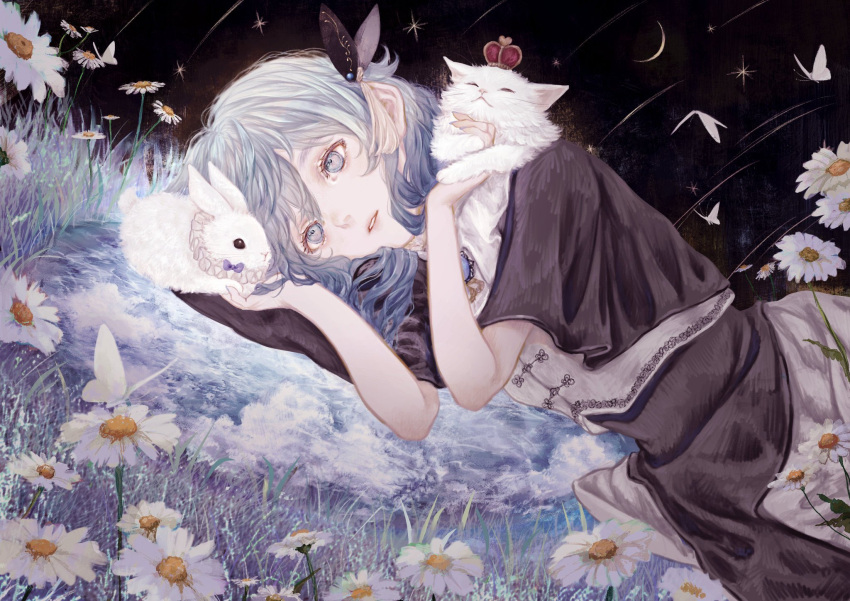 1girl black_dress blue_brooch blue_eyes blue_hair cat ciel_(kamitsubaki_studio) crown dress flower gradient_hair grass grey_hair hair_ornament highres kamitsubaki_studio looking_at_animal lying moon multicolored_hair on_side parted_lips rabbit shirone_(coxo_ii) star_(sky) two-tone_hair vest white_vest