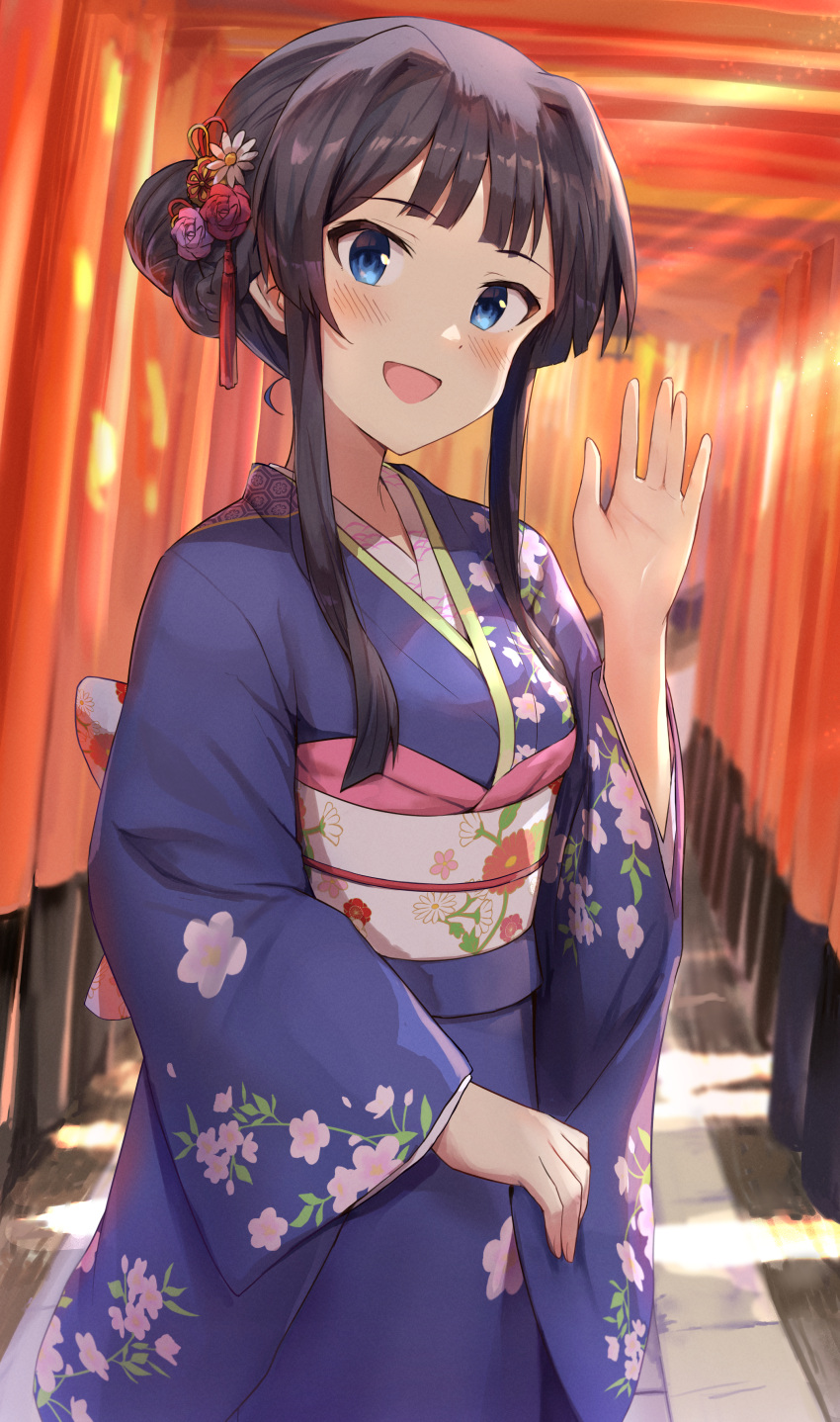 1girl absurdres black_hair blue_eyes blue_kimono blush breasts dappled_sunlight day dot_nose floral_print_kimono hair_bun hair_ornament hand_up highres idolmaster idolmaster_million_live! idolmaster_million_live!_theater_days japanese_clothes kanzashi kimono long_hair long_sleeves looking_at_viewer mogami_shizuka multiple_torii obi obiage obijime open_hand open_mouth outdoors print_obi sash shuucream_(syuichi) single_hair_bun small_breasts smile solo sunlight torii wide_sleeves