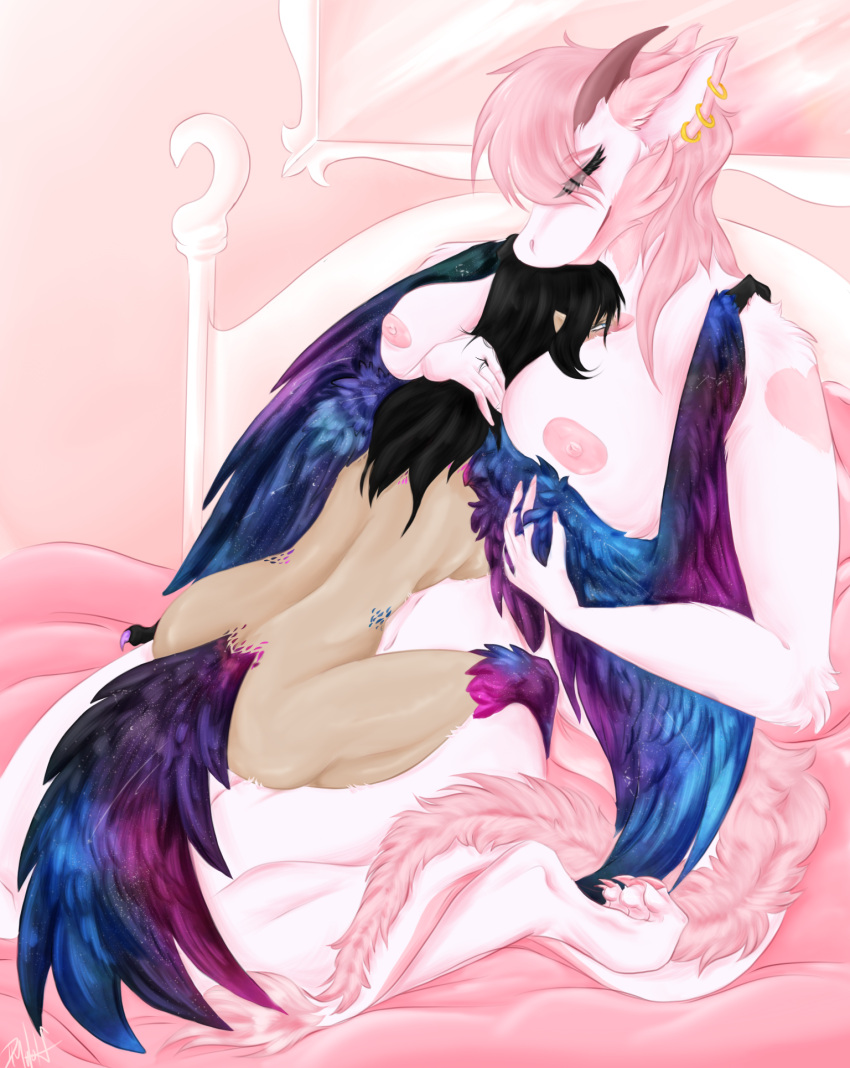 &lt;3 anthro aphimia_(darkness35wolf) avian bed breast_squish breasts claws claws_out cuddling darkness35wolf dragon duo european_mythology exposed_breasts feathered_wings feathers female fluffy fluffy_ears fluffy_tail furniture greek_mythology harpy hi_res horn humanoid love male male/female mythological_avian mythology nipples nisha_(bap121) nude nude_female piercing squish tail tail_feathers thick_thighs toe_claws wings