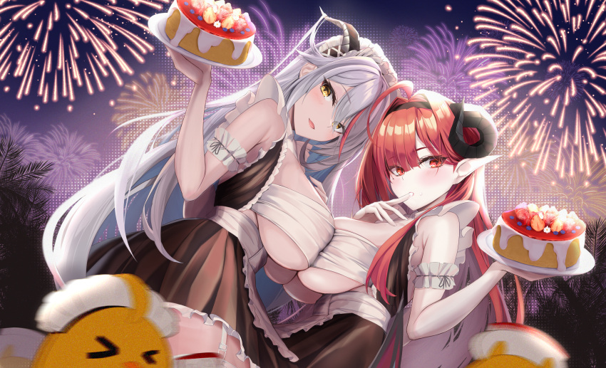 2girls absurdres aegir_(azur_lane) azur_lane breast_press breasts cake chest_sarashi dirndl dress dutch_angle fireworks food from_side german_clothes highres hindenburg_(azur_lane) holding holding_plate horns large_breasts long_hair looking_at_viewer matching_outfits multiple_girls plate pointy_ears red_eyes red_hair sarashi sideboob spekkio36 symmetrical_docking underboob