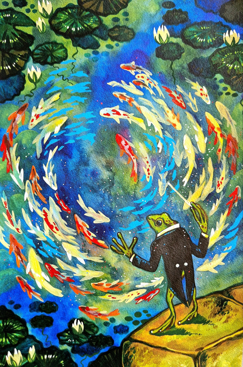 6+others baton_(conducting) black_suit colorful conductor drawing fantasy fish frog goldfish gouache_(medium) highres lily_pad miraenart multiple_others music no_humans original paint painting_(medium) pond standing suit traditional_media water_lily_flower watercolor_(medium)