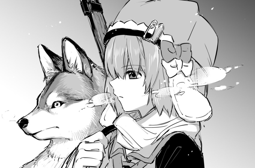 1girl animal bow clenched_hand closed_mouth from_side fur_hat greyscale gun hat hat_bow highres magia_record:_mahou_shoujo_madoka_magica_gaiden magical_girl mahou_shoujo_madoka_magica miura_asahi monochrome multiple_hat_bows portrait profile rifle scarf short_hair solo steam_from_mouth ushanka vest weapon wolf yukishiro_(hitsuji)