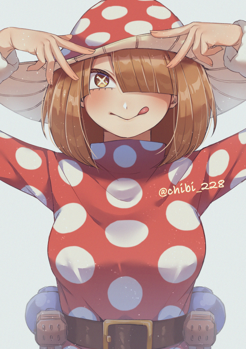 1girl absurdres arms_up boku_no_hero_academia brown_eyes brown_hair chibi_228 closed_mouth double_v dress fur_trim gun hair_over_one_eye hands_up highres komori_kinoko medium_hair mushroom mushroom_girl mushroom_hat polka_dot polka_dot_dress polka_dot_headwear red_dress solo symbol-shaped_pupils tongue tongue_out v weapon x-shaped_pupils