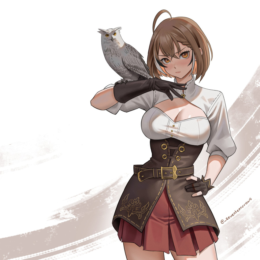 1girl ahoge animal_on_arm belt bird bird_on_arm braid braided_bangs brown_eyes brown_hair cleavage_cutout clothing_cutout crossed_bangs frown furrowed_brow gloves highres hololive hololive_english looking_at_viewer multicolored_hair nanashi_mumei nanashi_mumei_(1st_costume) official_alternate_hairstyle owl partially_fingerless_gloves pleated_skirt red_skirt seventeencrows shirt short_hair simple_background skirt streaked_hair virtual_youtuber white_shirt