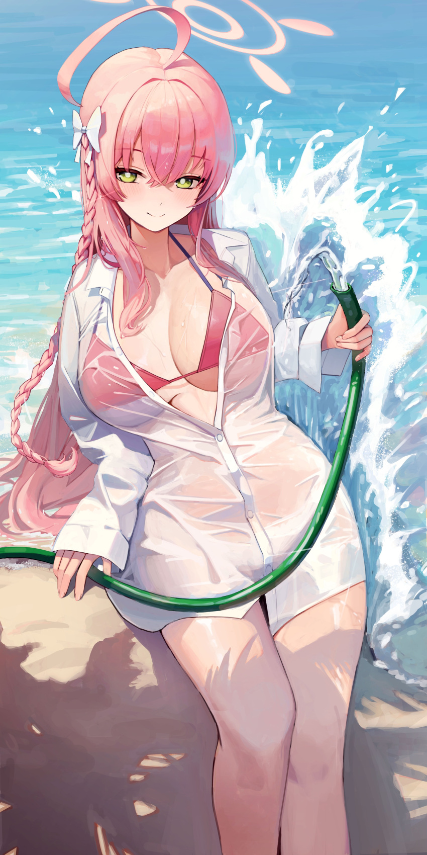 1girl absurdres ahoge bikini bikini_under_clothes blue_archive blush bow breasts green_eyes hallo_(rltkdydrltk) halo hanako_(blue_archive) hanako_(swimsuit)_(blue_archive) highres holding holding_hose hose hose_between_breasts large_breasts long_hair looking_at_viewer official_alternate_costume outdoors oversized_clothes oversized_shirt partially_unbuttoned pink_bikini pink_hair pink_halo sand see-through see-through_shirt shirt solo swimsuit wet wet_clothes wet_shirt white_bow