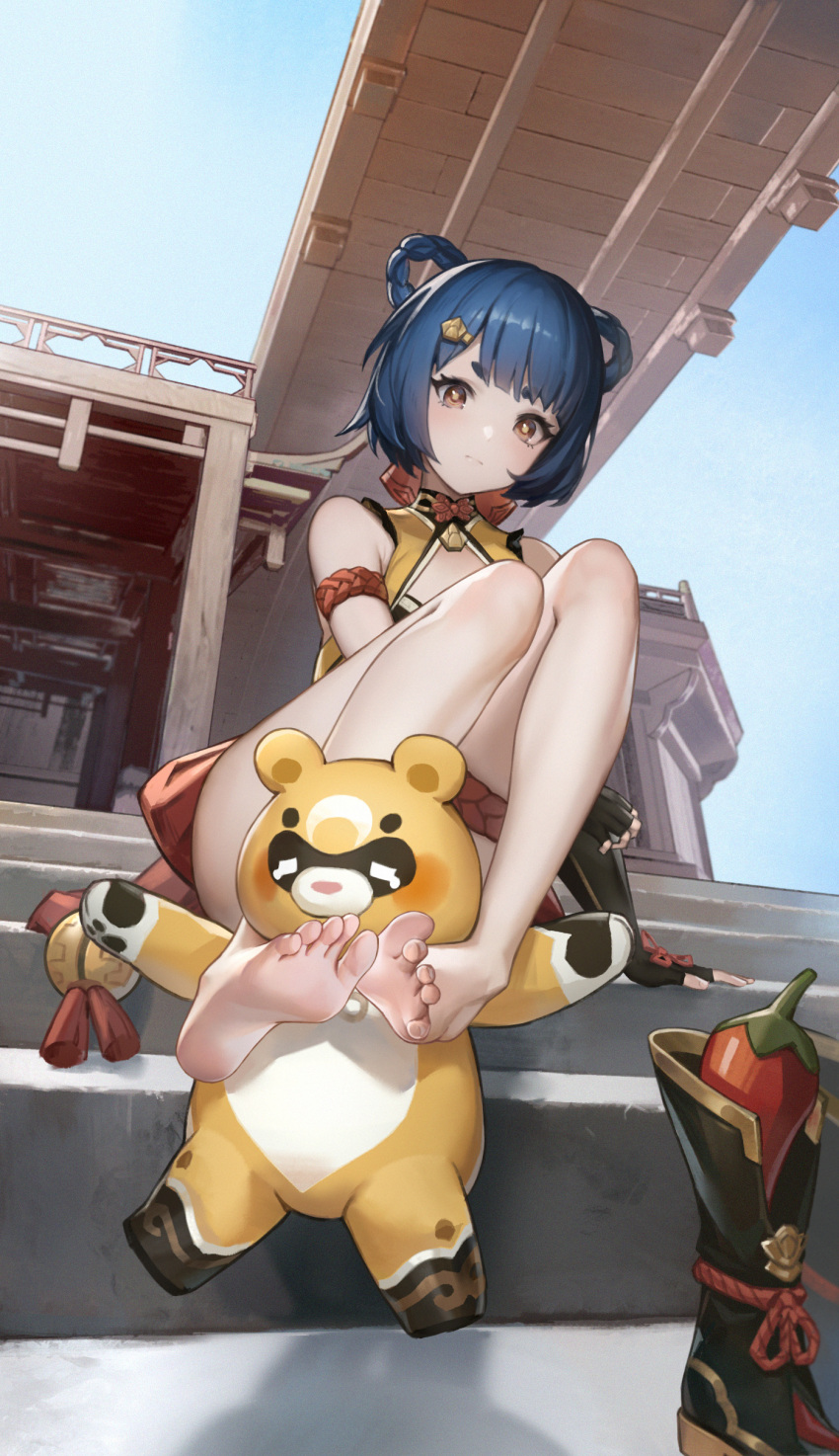 1girl absurdres bare_legs barefoot blue_hair braid braided_hair_rings china_dress chinese_clothes dress feet fingerless_gloves full_body genshin_impact gloves guoba_(genshin_impact) hair_ornament hair_rings hairclip highres le_(huanglongen) legs looking_at_viewer panda red_panda soles solo toes xiangling_(genshin_impact) yellow_eyes