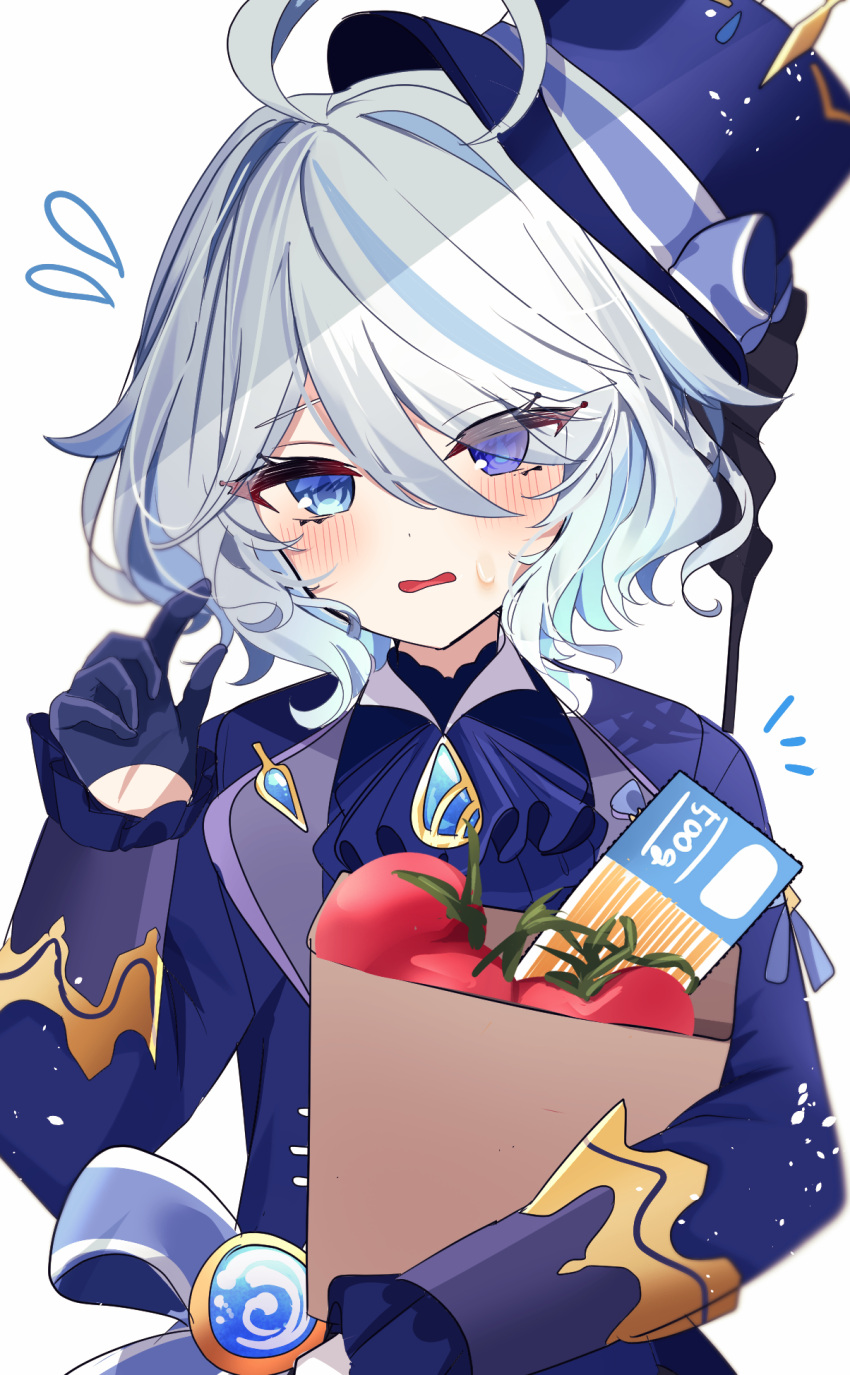 1girl ahoge ascot bag blue_ascot blue_brooch blue_gemstone blue_gloves blue_hair blue_headwear blush drop-shaped_pupils flying_sweatdrops food furina_(genshin_impact) gem genshin_impact gloves half_gloves hat heterochromia highres hydro_symbol_(genshin_impact) light_blue_hair looking_at_viewer medium_hair mismatched_pupils paper_bag pasta solo spaghetti tomato top_hat vision_(genshin_impact) white_background yunomi_(1126js03cono)