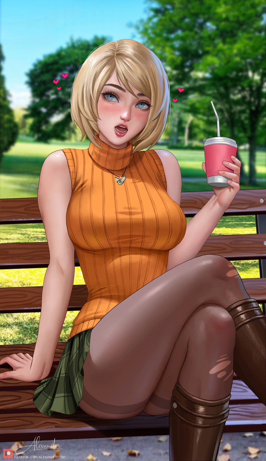 1girl alexander_dinh arm_support ashley_graham bare_arms bench blonde_hair blue_eyes blurry blurry_background boots breasts brown_pantyhose crossed_legs cup day disposable_cup drink drinking_straw feet_out_of_frame green_skirt hand_up heart highres holding holding_cup holding_drink jewelry knee_boots light_blush lips looking_at_viewer medium_hair necklace open_mouth orange_sweater outdoors pantyhose park park_bench patreon_logo photo_background plaid plaid_skirt pleated_skirt resident_evil resident_evil_4 resident_evil_4_(remake) ribbed_sweater signature sitting sitting_on_bench skirt sleeveless sleeveless_sweater sleeveless_turtleneck solo sweater swept_bangs taut_sweater thighband_pantyhose torn_clothes torn_pantyhose tree turtleneck turtleneck_sweater web_address