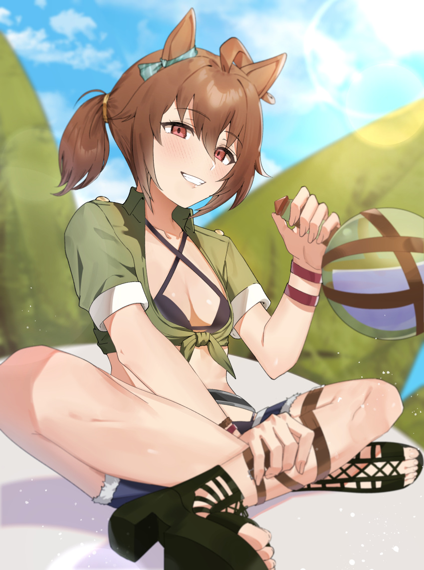 1girl absurdres agnes_tachyon_(lunatic_lab)_(umamusume) agnes_tachyon_(umamusume) ahoge bikini black_bikini blue_shorts breasts brown_eyes brown_hair cleavage collarbone commentary criss-cross_halter ear_ornament flask full_body green_jacket grin halterneck highres holding holding_flask horse_girl indian_style jacket kii-kun_(agnes_tachyon)_(umamusume) leather_strap lens_flare official_alternate_costume official_alternate_hairstyle outdoors oyasuminasai31 round-bottom_flask sandals short_hair short_ponytail shorts sitting sky smile solo summer's_sunlight_fades_to_blue_(umamusume) sun sunlight swimsuit umamusume water_drop