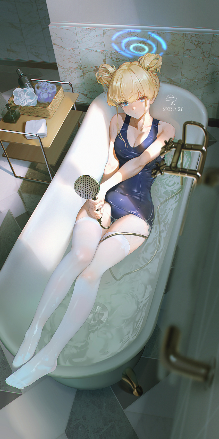 1girl absurdres alternate_hairstyle bathtub blonde_hair blue_archive blue_halo blue_one-piece_swimsuit breasts cleavage closed_mouth collarbone dated halo highres holding holding_shower_head medium_breasts medium_hair one-piece_swimsuit paid_reward_available ribao shower_head signature solo swimsuit thighhighs tile_floor tile_wall tiles toki_(blue_archive) water white_thighhighs yellow_eyes