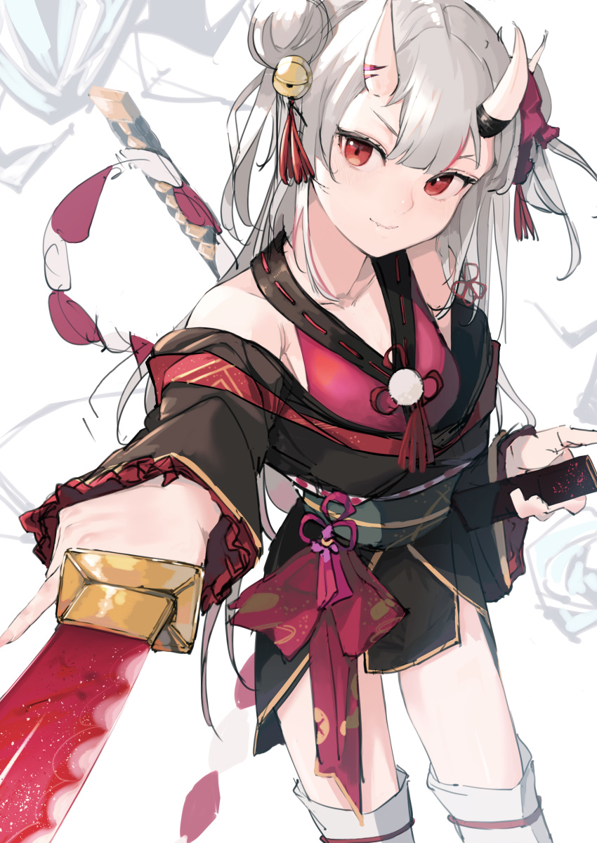 absurdres bell double_bun grey_hair hair_bell hair_bun hair_ornament highres holding holding_sword holding_weapon hololive horns katana kouhaku_nawa long_hair long_sleeves looking_at_viewer multicolored_hair nakiri_ayame nakiri_ayame_(1st_costume) ogura_tubuan oni_horns red_hair rope sheath shimenawa sketch smile streaked_hair sword unsheathed virtual_youtuber weapon white_background