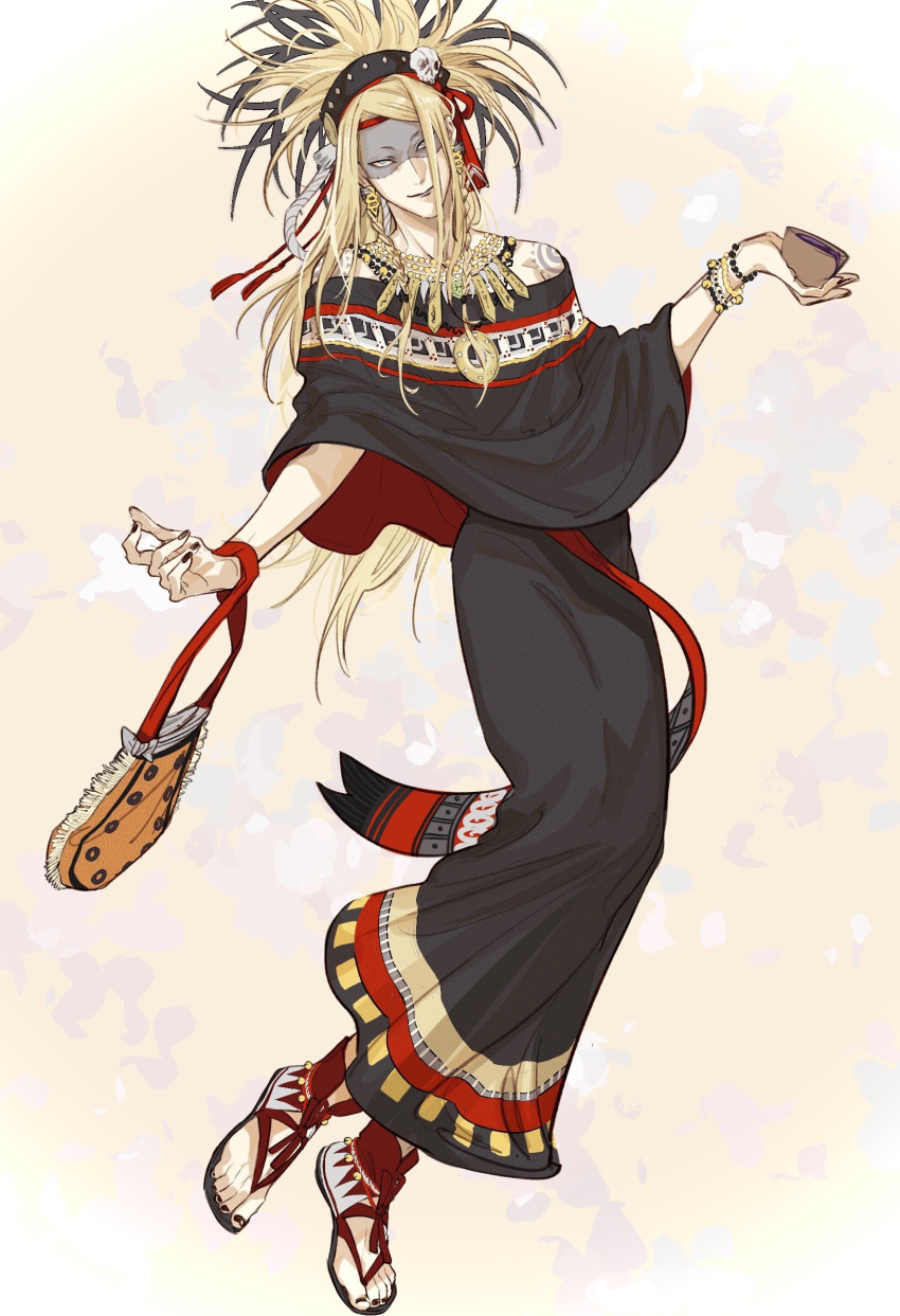 1boy alternate_costume aztec bag black_lips black_nails black_robe blonde_hair blue_eyes bracelet braid cup earrings facepaint fate/grand_order fate_(series) full_body hair_ornament handbag headdress highres holding holding_bag holding_cup jewelry long_hair looking_at_viewer male_focus medallion robe shoulder_tattoo skull skull_hair_ornament smile solo tattoo tezcatlipoca_(fate) tezcatlipoca_(third_ascension)_(fate) toeless_footwear traditional_clothes twin_braids washblackmud