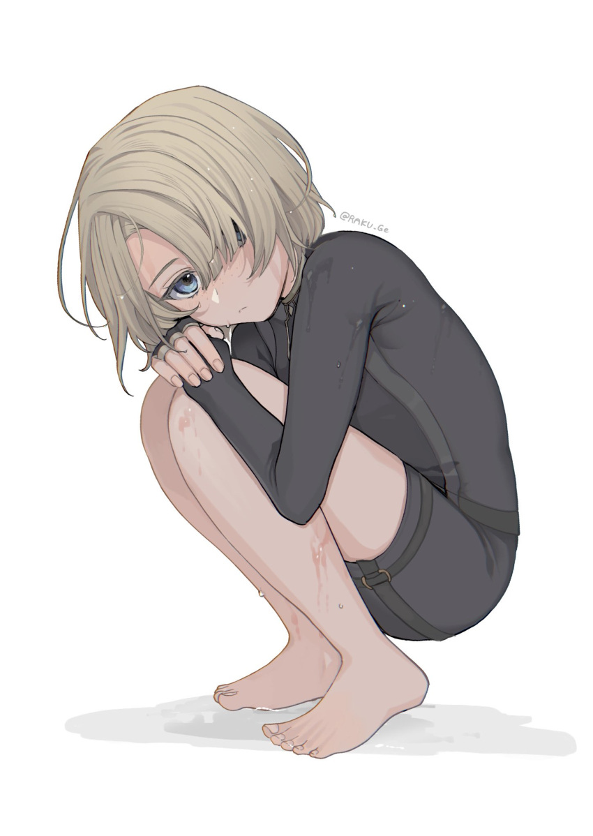 1boy bishounen black_wetsuit blonde_hair blue_eyes bodysuit diving_suit freminet_(genshin_impact) genshin_impact hair_over_one_eye highres male_focus nakura_hakuto short_hair shorts simple_background solo squatting thighs wetsuit white_background