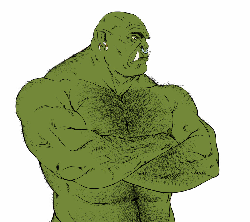 absurd_res arm_hair belly_hair body_hair chest_hair furryrevolution green_body hi_res humanoid muscular navel nipples orc pecs tusks