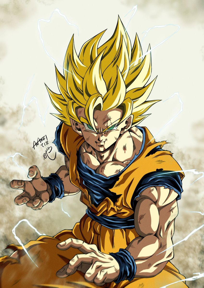 1boy artist_name biceps blonde_hair blue_sash blue_shirt blue_wristband closed_mouth collarbone commentary_request dougi dragon_ball dragon_ball_z electricity energy fighting_stance green_eyes hair_between_eyes highres looking_at_viewer male_focus muscular muscular_male pectorals sash scratches seya_(asasei_718) shirt short_sleeves signature smile smirk solo son_goku spiked_hair standing super_saiyan super_saiyan_1 torn_clothes torn_shirt v-shaped_eyebrows wristband