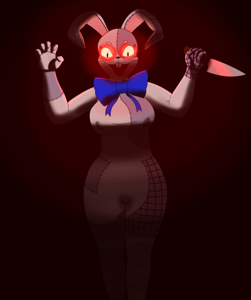 absurd_res anthro clothing duo female five_nights_at_freddy's glowing glowing_eyes hi_res knife lagomorph leporid male mammal open_mouth r3ptart rabbit red_eyes scottgames vanny_(fnaf) wet wet_clothing
