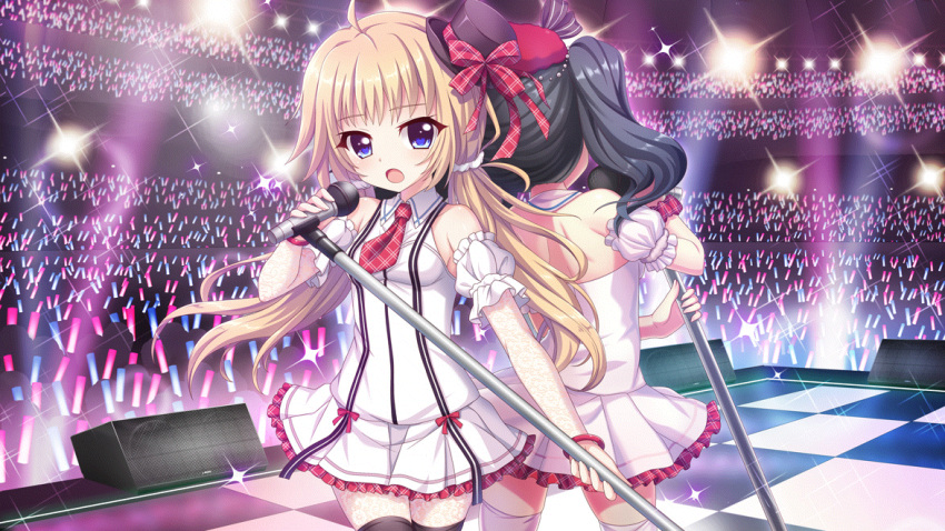 2girls aunt_and_niece bare_shoulders black_hair black_thighhighs blue_eyes bracelet checkered_floor colored_lights concert crowd detached_sleeves dot_nose dress elbow_gloves film_grain game_cg gloves glowstick hat holding holding_microphone_stand idol idol_clothes itsumura_haruka itsumura_yukari izumi_tsubasu jewelry lace lace_gloves lace_pantyhose light_brown_hair low_twintails microphone_stand mini_hat miniskirt multiple_girls necktie non-web_source official_art open_mouth plaid plaid_necktie plaid_ribbon plaid_scrunchie purple_headwear re:stage! red_headwear red_necktie red_ribbon red_scrunchie red_trim ribbon scrunchie short_dress short_sleeves shoulder_blades skirt sleeveless sleeveless_dress solo_focus sparkle speaker stage stage_lights thighhighs tile_floor tiles tilted_headwear twintails two_side_up white_dress white_skirt white_sleeves white_thighhighs wrist_scrunchie zettai_ryouiki