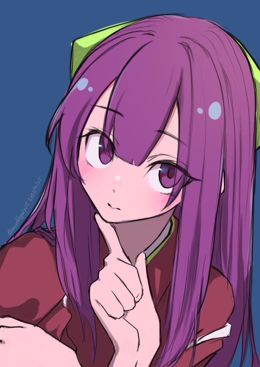 1girl blue_background blush bow closed_mouth dated green_bow hair_between_eyes hair_bow highres index_finger_raised japanese_clothes kamikaze_(kancolle) kantai_collection long_hair looking_at_viewer one-hour_drawing_challenge purple_eyes purple_hair simple_background solo twitter_username umibudou upper_body