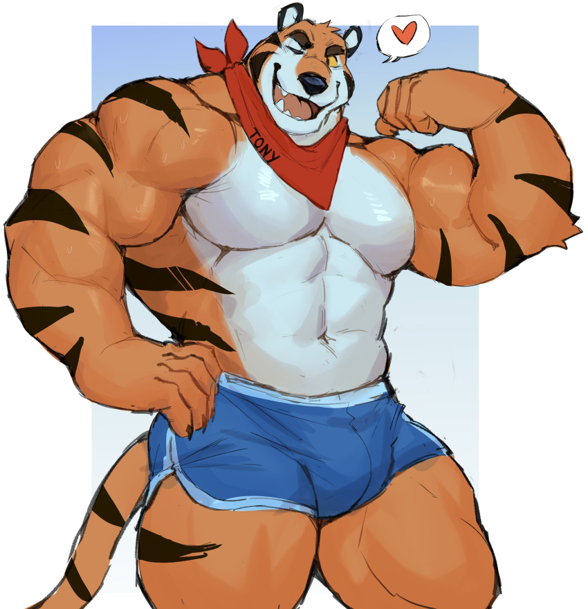 &lt;3 2022 abs anthro barazoku biceps big_muscles blue_bottomwear blue_clothing blue_shorts bottomwear bulge clothing countershading felid flexing frosted_flakes fur hands_on_hips hi_res kellogg's kerchief male mammal mascot muscular muscular_anthro muscular_male navel neckerchief o_reowoof one_eye_closed open_mouth open_smile orange_body orange_fur pantherine pecs pictographics pinup portrait pose red_kerchief red_neckerchief shirtless shorts smile solo striped_body stripes tail text text_on_clothing thick_thighs three-quarter_portrait tiger tony_the_tiger wink
