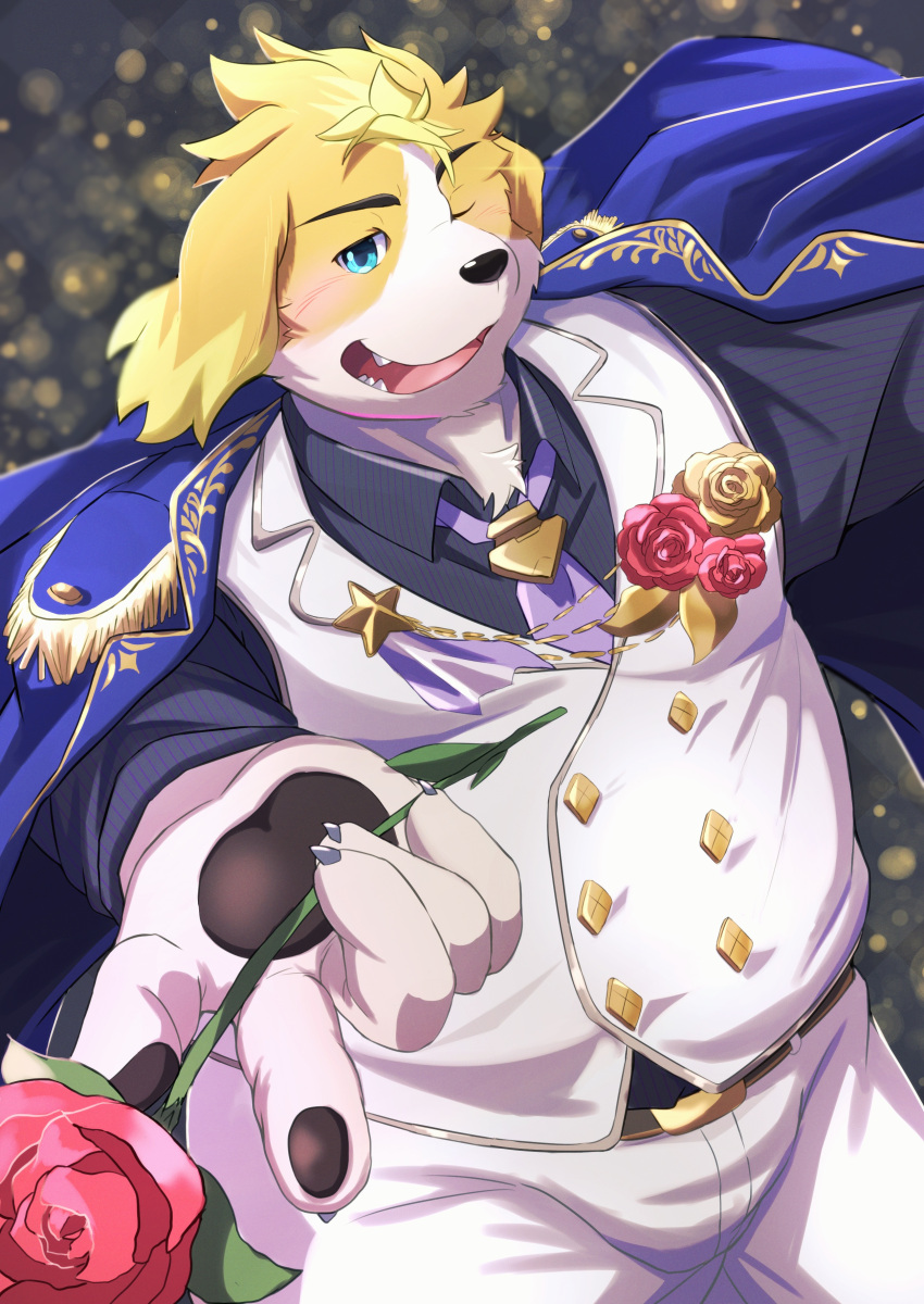 absurd_res anthro blonde_hair blue_eyes blush bulge canid canine canis cape clothing domestic_dog floppy_ears flower hair hi_res hisaki_(live_a_hero) host lifewonders live_a_hero male mammal nazebesu_hobby necktie one_eye_closed overweight plant rose_(flower) solo suit wink