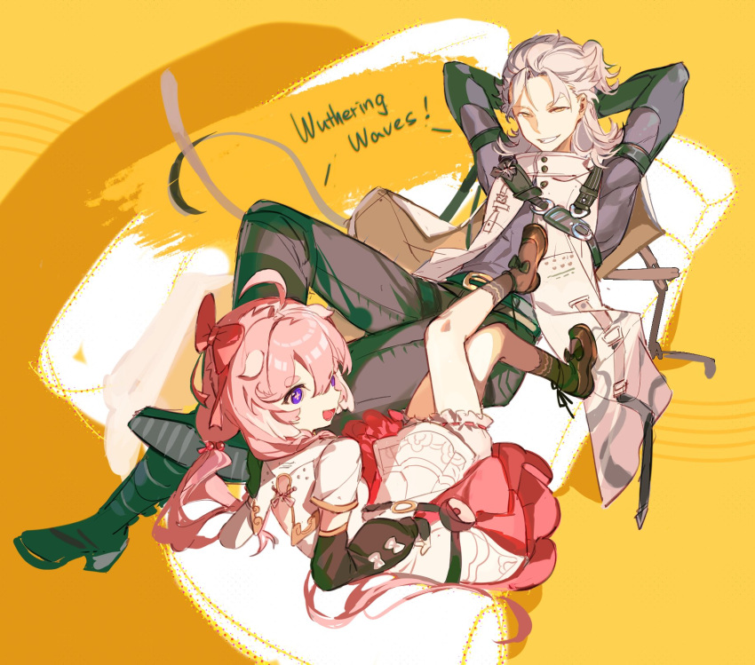 1boy 1girl aalto_(wuthering_waves) anke_(wuthering_waves) belt bloomers boots bow couch dress grey_hair highres jacket looking_at_viewer low_twintails on_couch one_eye_closed pink_hair ponytail purple_eyes ribbon smile twintails underwear wuthering_waves yellow_eyes