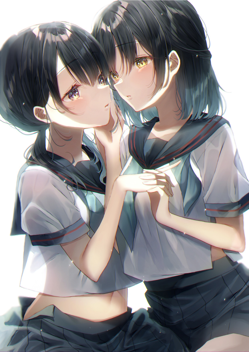 2girls absurdres black_hair black_neckerchief black_skirt blue_neckerchief brown_eyes chromatic_aberration commentary_request cowboy_shot cropped_shirt eye_contact hair_between_eyes hairstyle_request half_updo hand_on_another's_cheek hand_on_another's_face hand_on_another's_hand highres interlocked_fingers light_particles long_hair looking_at_another midriff_peek multicolored_eyes multiple_girls navel neckerchief original parted_lips pleated_skirt puffy_short_sleeves puffy_sleeves school_uniform see-through see-through_silhouette serafuku shadow shirt short_sleeves sidelocks simple_background skirt touki_matsuri unbuttoned_skirt undone_neckerchief white_background white_serafuku white_shirt yellow_eyes yuri