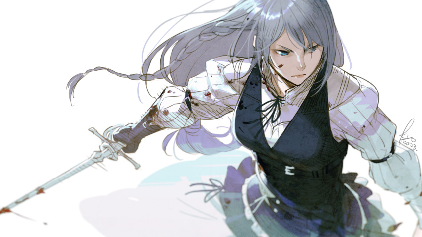 1girl absurdres blood blood_on_face blood_on_weapon blue_vest braid dress final_fantasy final_fantasy_xvi grey_hair highres jill_warrick kyo_(kuroichigo) leather_vest long_hair looking_to_the_side low-tied_long_hair neck_ribbon ribbon serious single_braid solo sword upper_body vest weapon