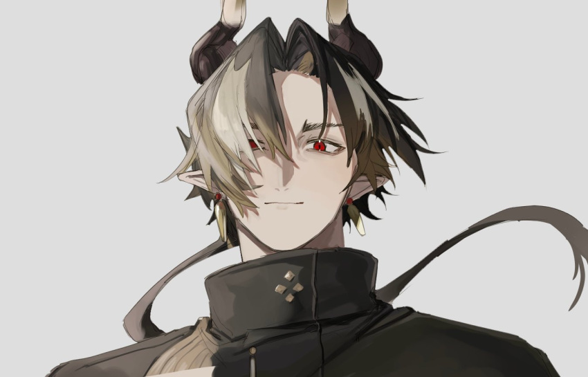 1boy arknights bishounen black_hair brown_hair chong_yue_(arknights) dragon_boy dragon_horns floating_hair hair_over_one_eye horns jewelry light_smile long_hair looking_at_viewer male_focus multicolored_hair pointy_ears portrait red_eyes senjou_no_pentsu simple_background solo streaked_hair