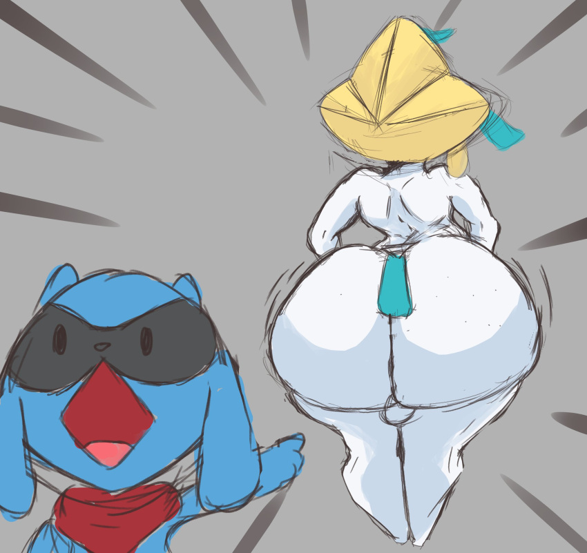 ambiguous_gender anthro backsack balls big_butt butt dot_eyes duo generation_3_pokemon generation_4_pokemon genitals gesture gothicc hi_res huge_butt humanoid jirachi legendary_pokemon looking_at_viewer male neckerchief nintendo nude open_mouth pointing pokemon pokemon_(species) riolu thick_thighs two_soyjaks_pointing white_body wide_hips