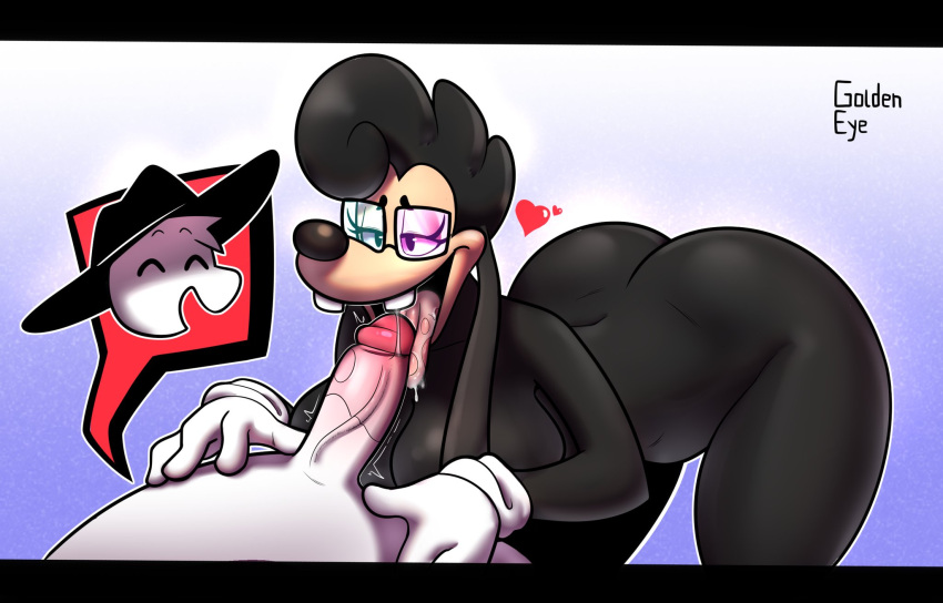 &lt;3 anthro balls bent_over big_butt black_body black_clothing black_fur black_hat black_headwear blob_creature bodily_fluids buckteeth butt canid canine canis clothing digital_media_(artwork) disney domestic_dog duo eyelashes eyewear fan_character fellatio female front_view fur genitals glasses gloves golde golde_(golde) goof_troop hands_on_legs handwear hat headgear headwear hi_res licking male mammal nebula_(toonsexual) oral penile penis penis_in_mouth penis_lick saliva sex smile teeth thick_thighs tongue tongue_out vein veiny_penis white_body white_clothing white_gloves white_handwear