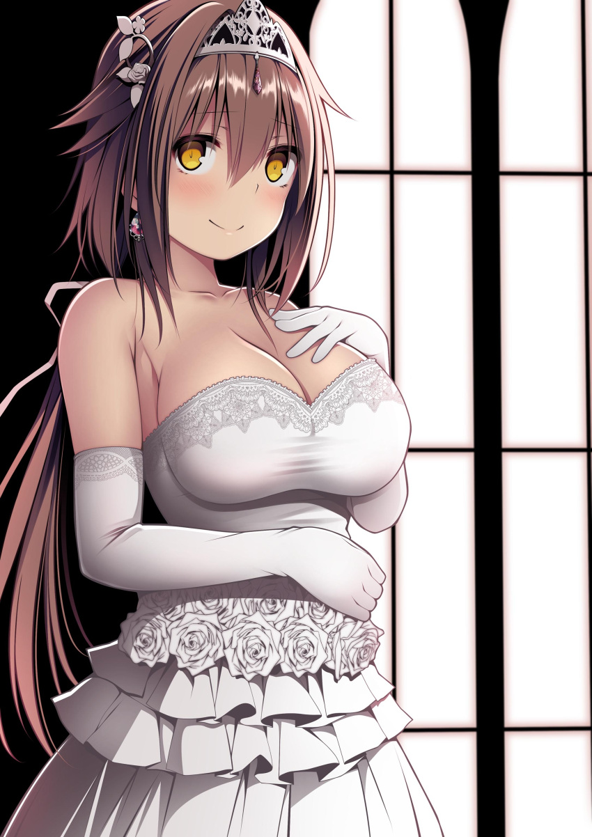 1girl absurdres blush breasts brown_hair cleavage closed_mouth collarbone dress earrings elbow_gloves gloves hair_between_eyes hair_flaps hairband highres jewelry kantai_collection kuromayu large_breasts long_hair looking_at_viewer shiratsuyu_(kancolle) shiratsuyu_kai_ni_(kancolle) smile solo tiara upper_body wedding_dress white_dress white_gloves yellow_eyes