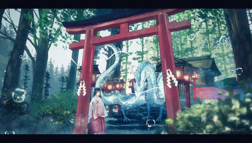 1girl black_hair blurry blurry_foreground commentary_request commission day dragon forest grey_sky highres japanese_clothes lantern letterboxed long_hair miko nature original outdoors red_skirt scenery shide shimekake shrine skirt sky torii twitter_username wide_shot