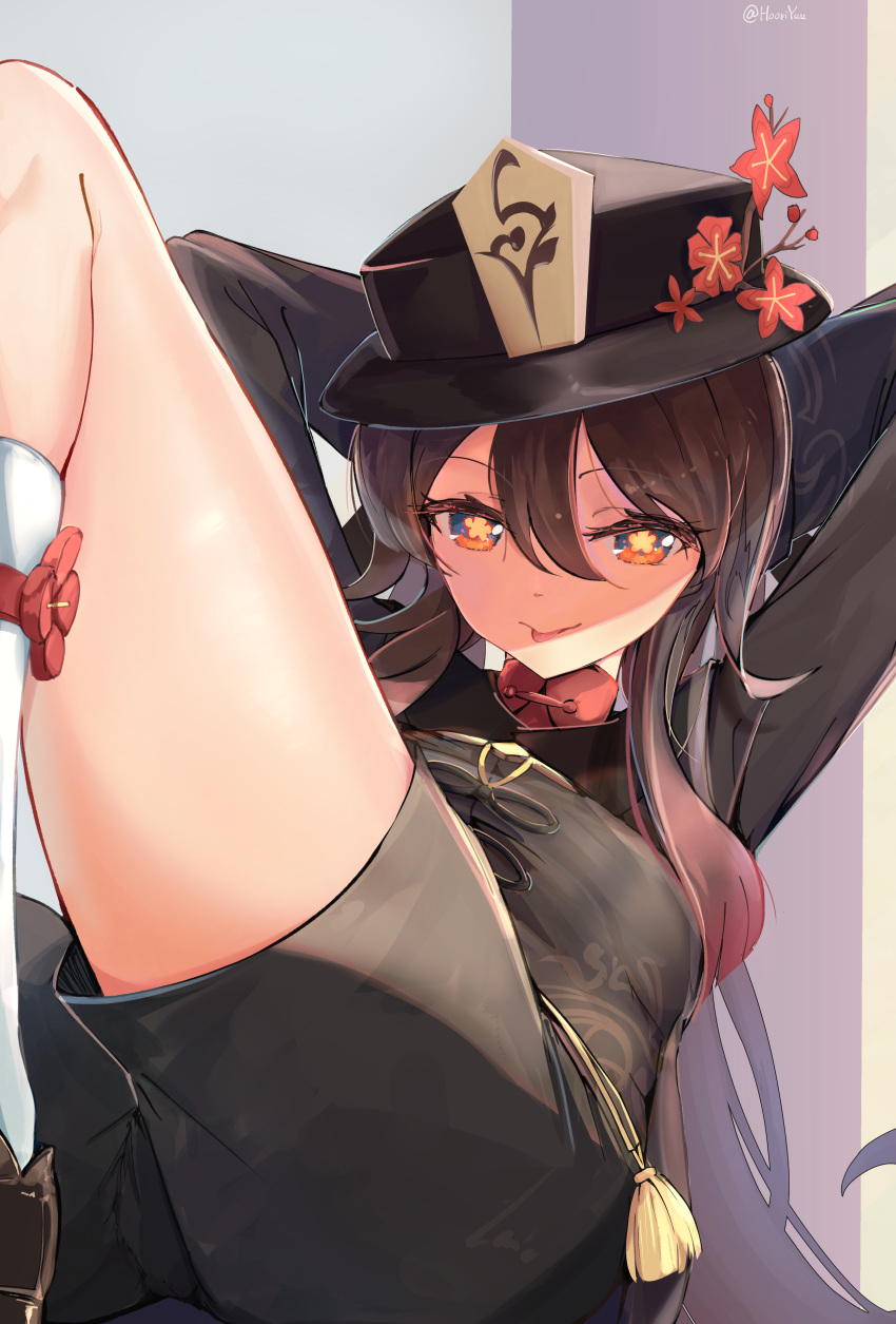 1girl :p absurdres arms_behind_head black_coat black_footwear black_headwear black_shorts black_sleeves brown_hair chinese_clothes coat collared_coat feet_out_of_frame flower flower-shaped_pupils genshin_impact hair_between_eyes hat hat_flower highres hu_tao_(genshin_impact) long_hair long_sleeves looking_at_viewer plum_blossoms porkpie_hat reclining red_eyes seenaru short_shorts shorts sidelocks simple_background socks solo symbol-shaped_pupils tassel thighs tongue tongue_out twitter_username white_socks