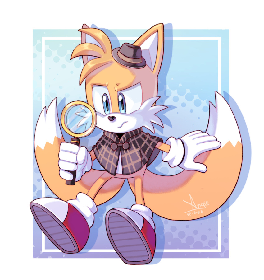 1boy angiethecat blue_eyes capelet detective fedora fox_boy frown furry furry_male gloves hat highres holding holding_magnifying_glass magnifying_glass mini_hat multiple_tails orange_fur red_footwear sonic_(series) tail tails_(sonic) the_murder_of_sonic_the_hedgehog two-tone_fur two_tails white_fur