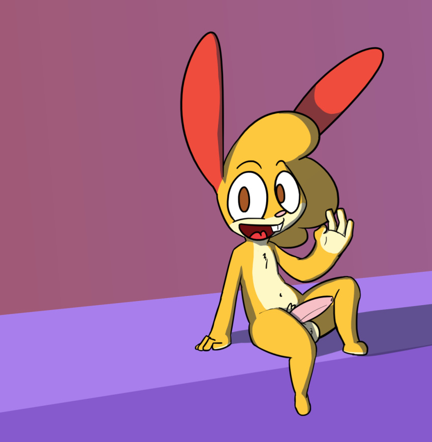 anthro genitals gesture half-erect hi_res lagomorph leporid looking_at_viewer male mammal nude open_mouth penis pizza_rabbit_(rabblet) rabbit rabblet sitting smile solo waving waving_at_viewer