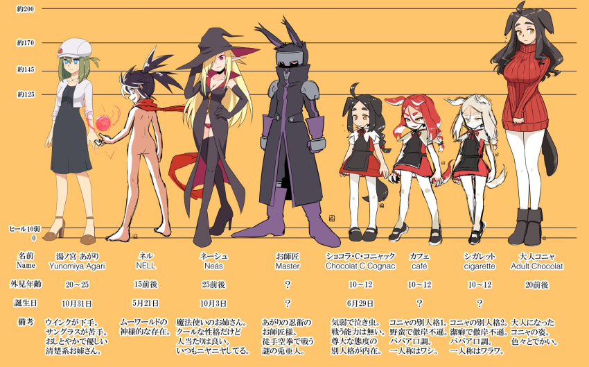 1other 6+girls adjusting_clothes adjusting_headwear aged_up ahoge animal_ears armor artist_name ass backlighting bare_back barefoot black_coat black_dress black_footwear black_hair black_headwear black_pants blue_eyes boots braid breasts bright_pupils brown_footwear cabbie_hat cafe_(muu) cardigan chocolat_c_cognac_(muu) cigarette_(muu) cleavage closed_mouth coat commentary_request completely_nude dog_ears dog_girl dog_tail dress energy_ball facing_away floating_hair floating_scarf flying_sweatdrops front_slit full_body gloves green_eyes hair_between_eyes hair_over_one_eye hat height_chart height_difference helmet high_heel_boots high_heels highres hikimayu large_breasts long_hair looking_ahead looking_at_viewer looking_back mary_janes master_(muu) medium_hair multiple_girls muu_(mumumer) naked_scarf narrowed_eyes neas_(muu) neck_ribbon nell_(muu) nude original panties pants pantyhose parted_bangs parted_lips pauldrons popped_collar purple_eyes purple_footwear purple_gloves red_dress red_eyes red_panties red_ribbon red_scarf red_sweater reference_sheet ribbed_sweater ribbon scarf shoes shoulder_armor side_ponytail signature single_braid smile spiked_hair stats sweater tail thick_eyebrows thigh_boots translation_request twintails two-sided_fabric two-tone_dress underwear white_cardigan white_headwear white_pantyhose white_pupils wind witch_hat yellow_background yellow_eyes yunomiya_agari zipper