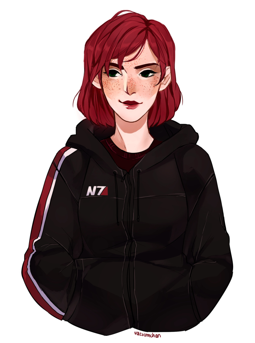 1girl alternate_costume black_eyes black_hoodie commander_shepard commander_shepard_(female) commentary english_commentary freckles hands_in_pockets highres hood hoodie looking_to_the_side mass_effect mass_effect_(series) red_hair signature simple_background solo upper_body vacuumchan white_background