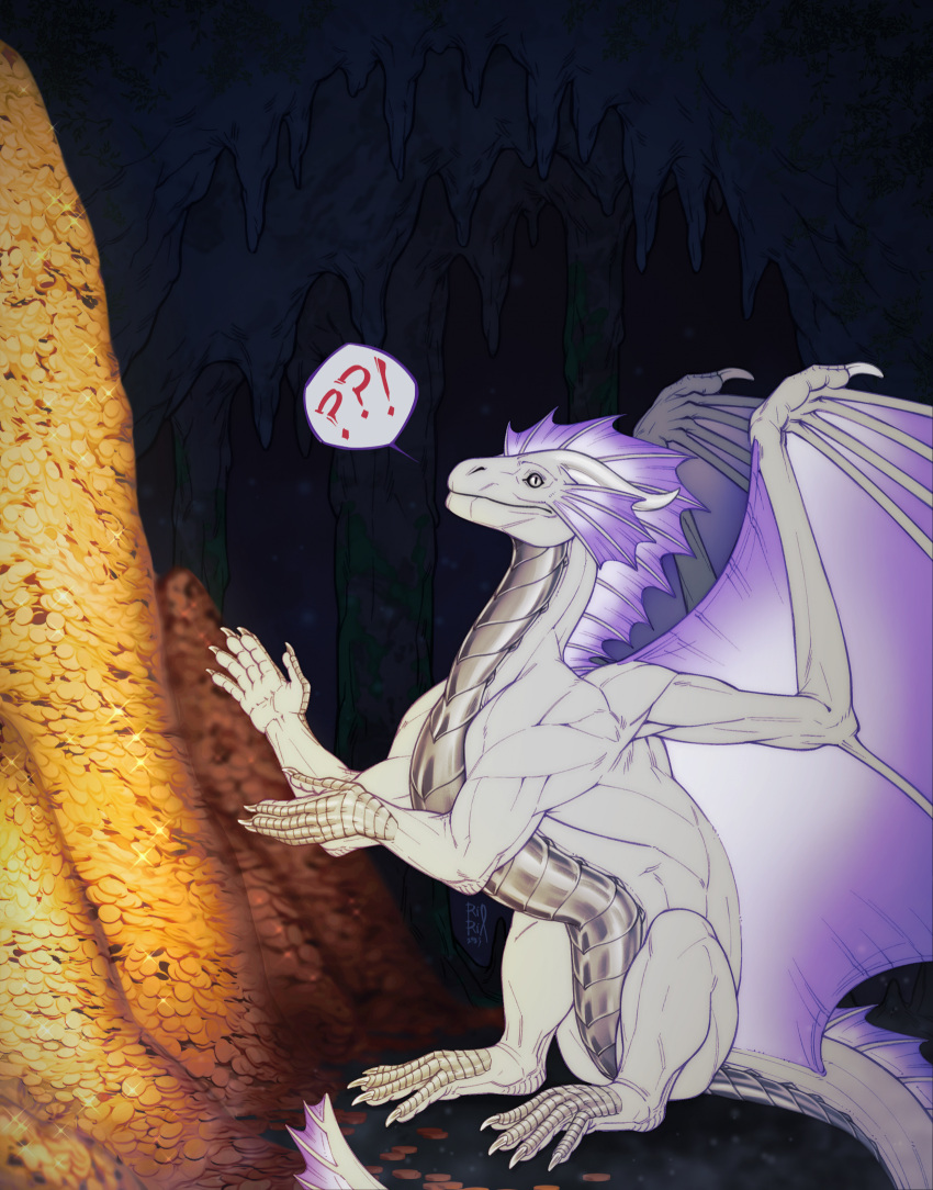 ambiguous_gender cave coin dragon feral frill_(anatomy) grey_body grey_eyes grey_horn grey_scales hi_res horn inside looking_at_viewer membrane_(anatomy) membranous_wings mouth_closed pupils purple_frill purple_wings riorix scales scalie semi-anthro side_view slit_pupils solo speech_bubble wings