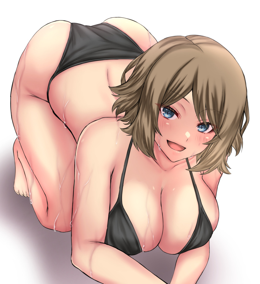 1girl all_fours ass back barefoot bikini black_bikini blue_eyes blush breasts brown_hair cleavage collarbone commentary eyelashes highres kneeling large_breasts looking_at_viewer messy_hair open_mouth parted_bangs pokemon serena_(pokemon) shadow simple_background smile sweat swimsuit takecha top-down_bottom-up wet