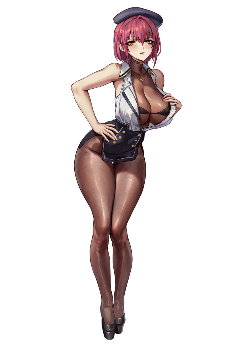 1girl bare_shoulders beret black_footwear black_pantyhose blush breasts cleavage closed_mouth hat heterochromia highres hololive houshou_marine large_breasts lips name_tag official_alternate_costume pantyhose purple_hair red_eyes sayanestia sitting sleeveless smile standing teeth virtual_youtuber yellow_eyes