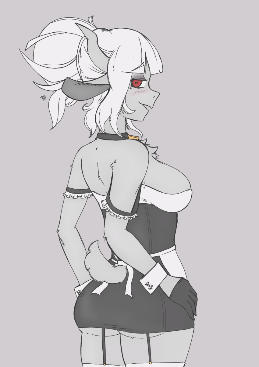 alternate_species anthro anthrofied bigbongus blush bovid breasts butt caprine chest_tuft choker clothing female fur garter_straps goat goat_lucifer_(helltaker) hair helltaker hi_res horn jewelry looking_at_viewer maid_uniform mammal necklace open_mouth red_eyes short_tail side_boob solo tail tuft uniform white_body white_fur white_hair
