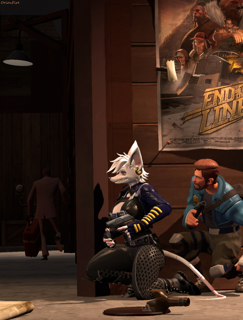 action_pose action_scene animal_humanoid anthro duo female gun hi_res human humanoid male male/female mammal mammal_humanoid murid murine officer_flint_(foretbwat) orionfire pose ranged_weapon rat rodent rodent_humanoid scout_(team_fortress_2) spy_(team_fortress_2) team_fortress_2 valve weapon