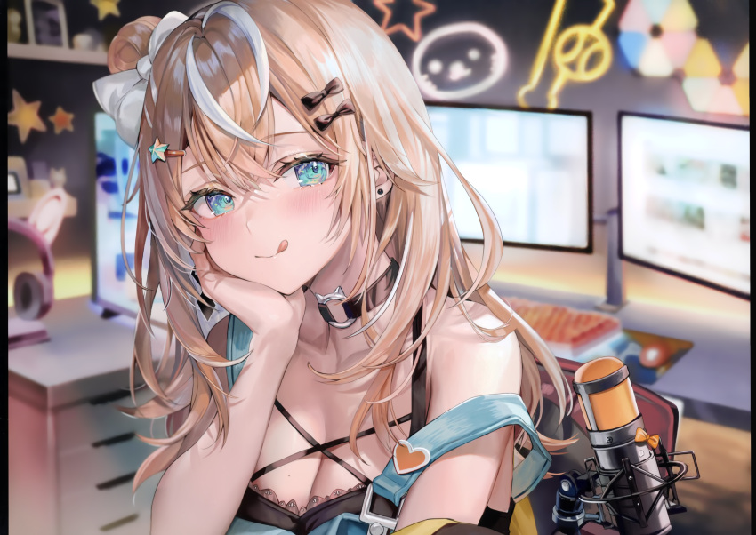 1girl :q absurdres aqua_eyes bare_arms bare_shoulders black_choker black_shirt blonde_hair blurry bow breasts choker cleavage closed_mouth depth_of_field earrings hair_bow hair_bun hand_up head_rest highres igarashi_rika igarashi_rika_(1st_costume) jewelry lace_trim long_hair looking_at_viewer microphone mole mole_on_breast momoko_(momopoco) multicolored_hair nijisanji overalls scan shirt single_side_bun sleeveless sleeveless_shirt smile solo strap_slip streaked_hair stud_earrings tongue tongue_out upper_body virtual_youtuber