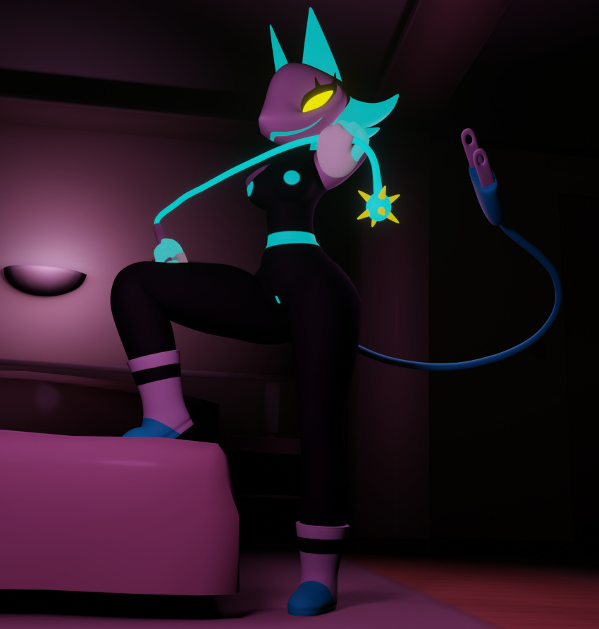 3d_(artwork) absurd_res anthro bed bedroom bedroom_eyes black_body blue_hair blue_nipples boots breasts clothing cord_tail darkner deltarune digital_media_(artwork) empty_eyes female floating_hands footwear furniture genitals hair hi_res looking_at_viewer lorded machine mostly_nude narrowed_eyes nipples pussy raised_leg robot seductive smile solo tasque_manager undertale_(series) whip yellow_sclera