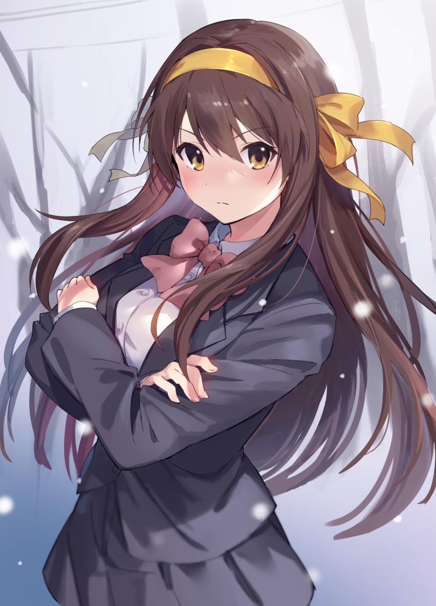 1girl black_jacket black_skirt blazer blush bow bowtie brown_eyes brown_hair buttons closed_mouth collared_shirt commentary_request cowboy_shot crossed_arms hair_between_eyes hair_ribbon hairband highres jacket knokzm kouyouen_academy_school_uniform long_hair looking_at_viewer official_alternate_costume official_alternate_hairstyle pink_bow pink_bowtie ribbon school_uniform shirt skirt snowing solo standing suzumiya_haruhi suzumiya_haruhi_no_shoushitsu suzumiya_haruhi_no_yuuutsu white_shirt winter_uniform yellow_hairband yellow_ribbon