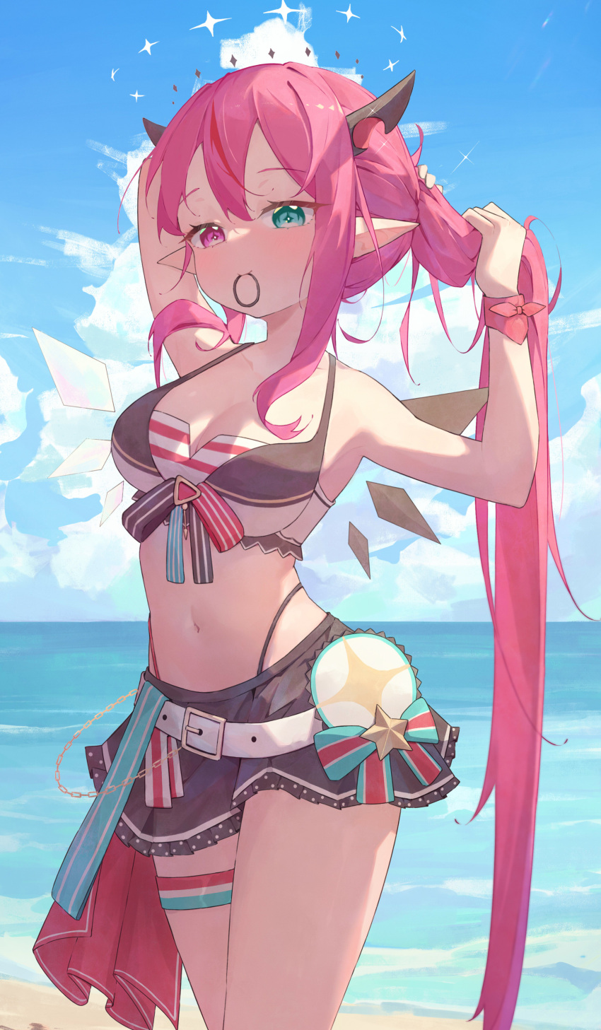 1girl absurdres aqua_eyes armpits asymmetrical_wings beach belt bikini cloud cowboy_shot demon_horns double_halo g-string hair_between_eyes hair_tie hair_tie_in_mouth halo heterochromia highres holding holding_hair hololive hololive_summer_2023_swimsuit horns irys_(hololive) long_hair miniskirt mouth_hold navel pink_eyes pointy_ears ponytail qingyunmengyi ribbon skirt sky solo star_halo star_ornament swimsuit thigh_strap thighs thong very_long_hair virtual_youtuber white_belt wings