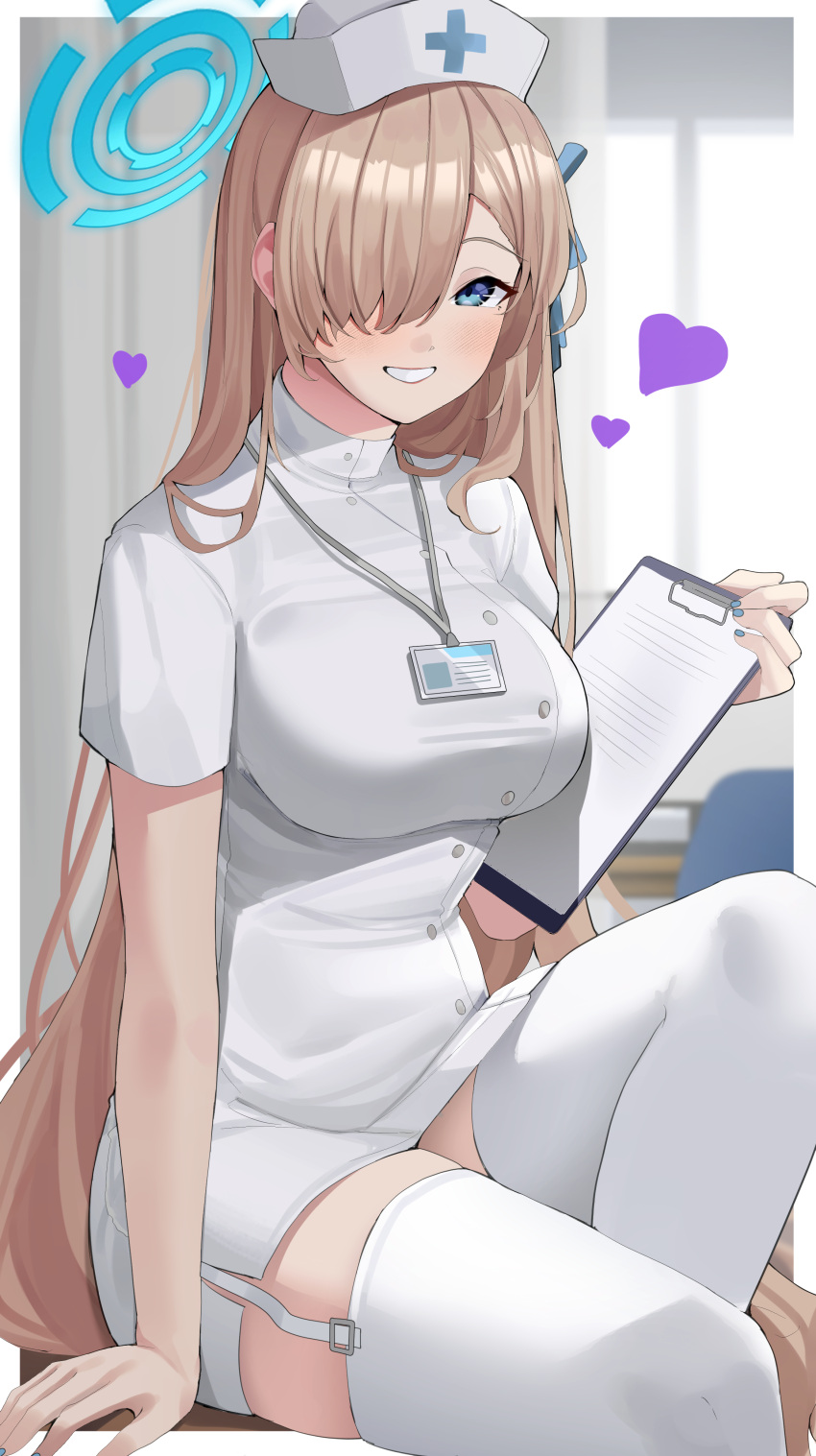 1girl absurdres alternate_costume asuna_(blue_archive) blonde_hair blue_archive blue_eyes blue_nails blush border breasts clipboard curtains dress garter_straps grin haerge hair_over_one_eye hair_ribbon halo hat heart highres id_card lanyard large_breasts long_hair looking_at_viewer nurse nurse_cap ribbon sitting smile solo straight_hair thighhighs thighs very_long_hair white_border white_dress white_thighhighs zettai_ryouiki